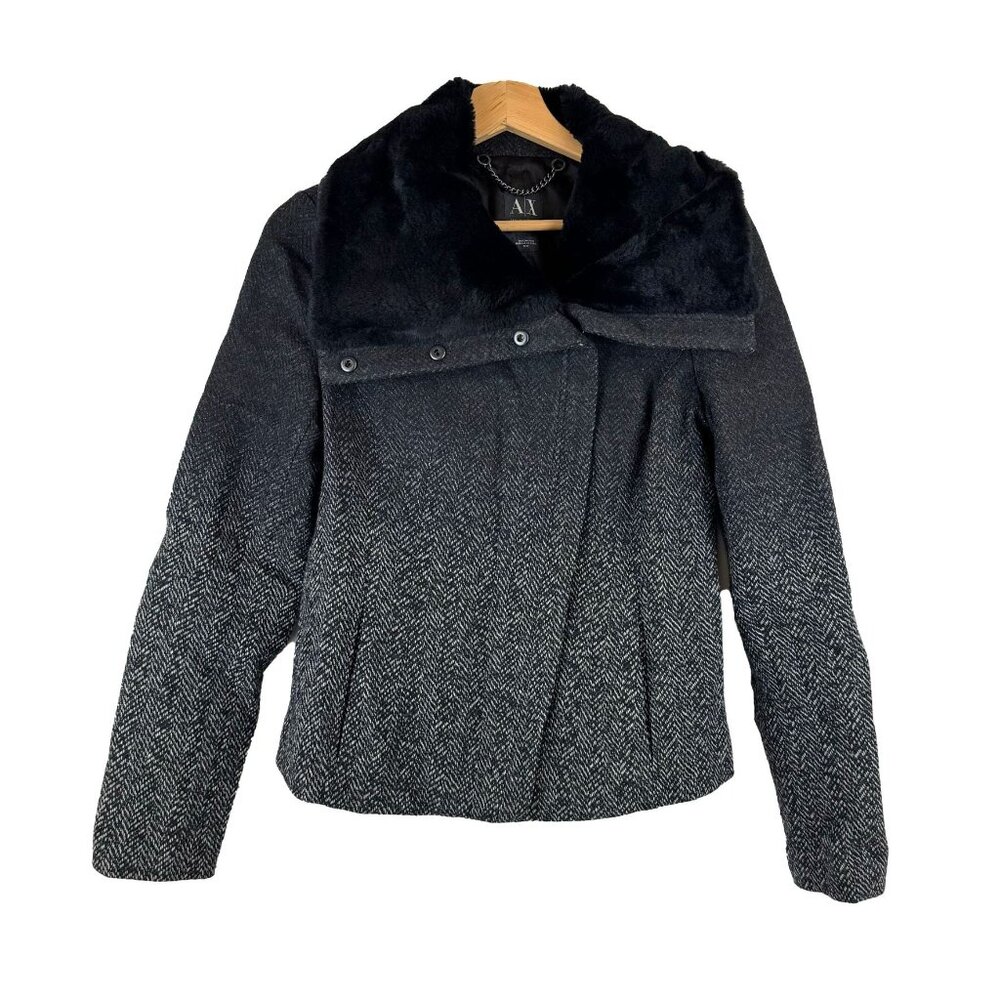 Armani Exchange Gradient Ombre Herringbone Faux Fur Trim Wool Coat Jacket M